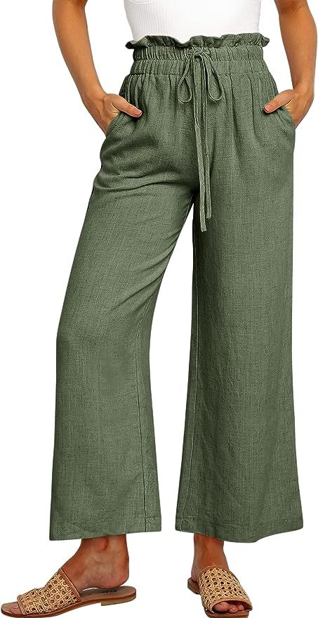 ANRABESS Women's Linen Pants Casual Loose High Waist Drawstring Wide Leg Capri Palazzo Pants Trou... | Amazon (US)