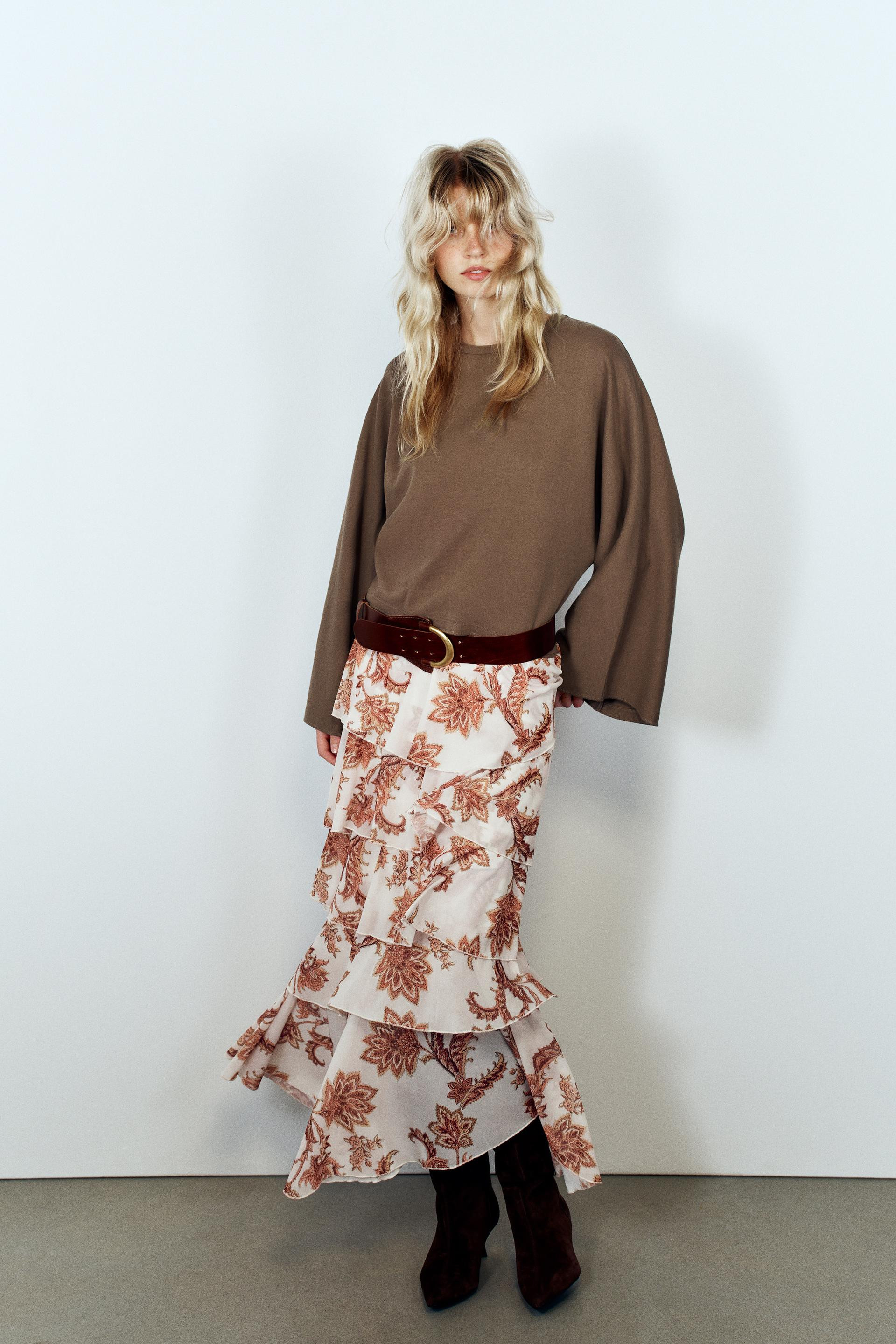 Zara - Printed Ruffle Skirt - Tans - S - Woman | Zara US