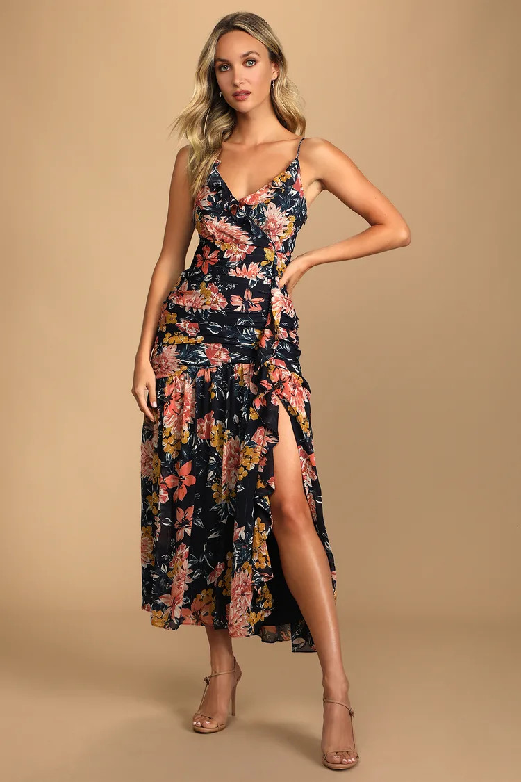 Stunning Soiree Navy Blue Floral Print Ruched Midi Dress | Lulus (US)