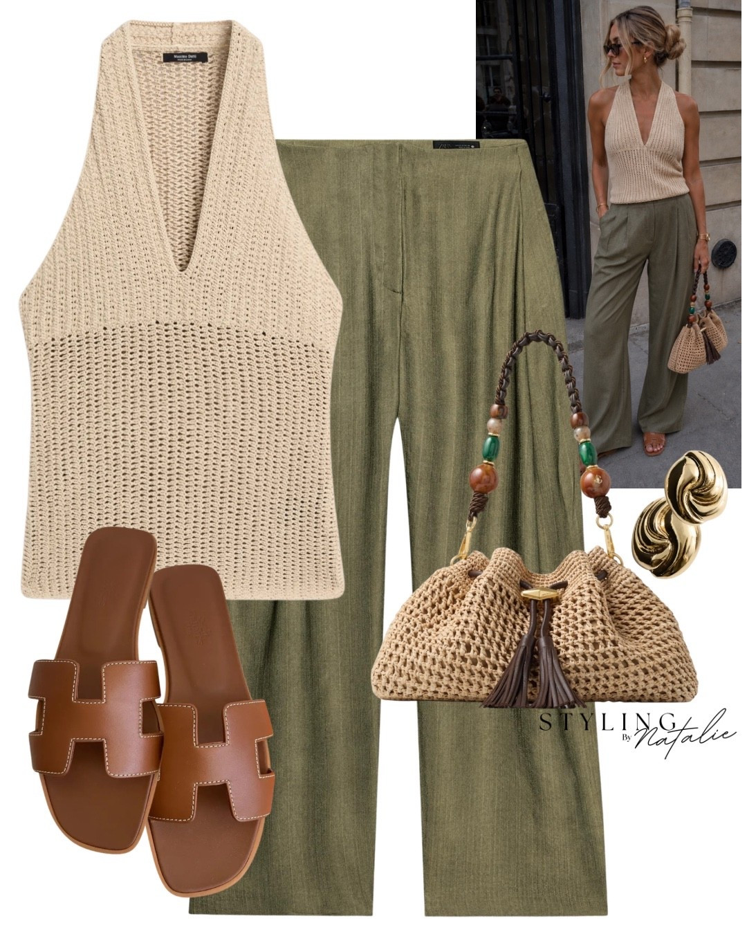 Summer weekend look- Crochet v neck top, green linen wide leg trousers, jimmy choo beaded bad, brown slides and gold earrings.

Summer outfit, everyday, date night, earthy tones, Massimo Dutti, Zara style,

#LTKsummer #LTKuk #LTKeurope