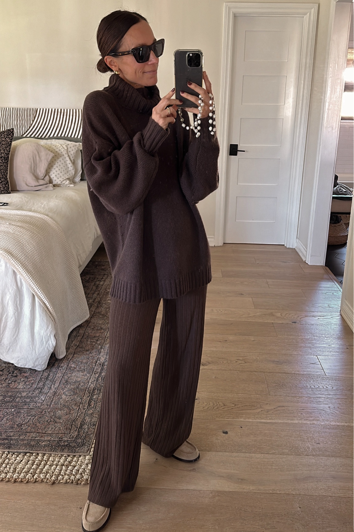 Outfit from November’s capsule wardrobe 
Knit pants are tts (I’m between 5’1 and 5’2 and wear these very high waisted and they fit the ground) 
JK sweater naturally oversized fit- quince option you need to go up 2 sizes for a similar fit 

#LTKOver40