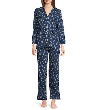 Lauren Ralph Lauren Knit Floral Print 3/4 Sleeve Notch Collar Long Pajama Set | Dillard's | Dillard's