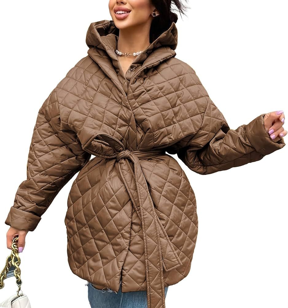 BTFBM Women Button Down Quilted Jacket Coat Winter Fashion Belted Removable Padded Hood Puffer Ou... | Amazon (US)