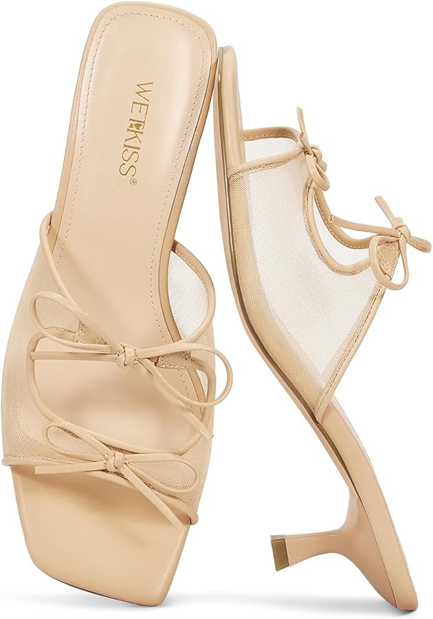 wetkiss Kitten Heels for Women with Bow Heels Heeled Sandals Square Toe Slingback Mules, Mesh Sli... | Amazon (US)