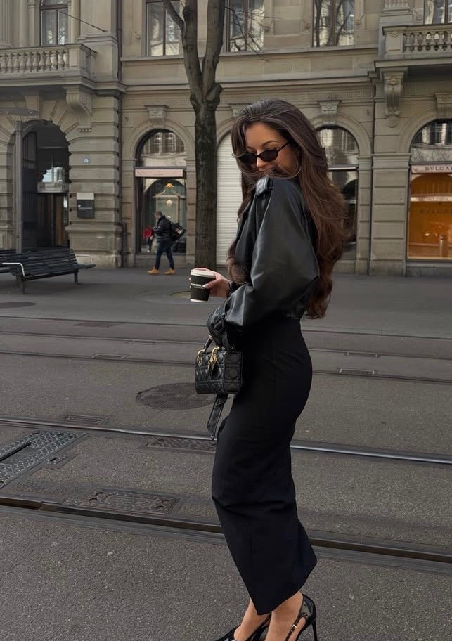 Black long skirt
Black leather jacket 

#LTKPetite #LTKBeauty #LTKWorkwear