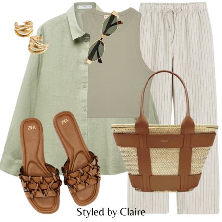 Happy Easter Sunday 🐣 
Tags: green linen shirt, crop top, pinstripe trousers, brown sandals slip on, demellier London tote bag, gold earrings sunglasses. Fashion spring primavera inspo outfit ideas casual family brunch city break airport beach club everyday stylee

#LTKitbag #LTKstyletip #LTKshoecrush