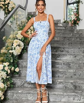 Wedding Guest Dresses for Women Midi Corset Lace Up A Line Dress Solid Flowy Slit Going Out Sundr... | Amazon (US)