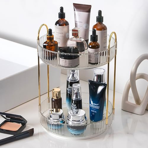 Zufudo Rotating Makeup Organizer Countertop 2 Tier Lazy Susan Trays Clear Skincare Perfume Storage for Bathroom Counter Vanity, Transparent | Amazon (US)
