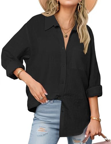 Zeagoo Womens Button Down Shirts Long Sleeve Cotton Gauze Tops Casual Collared Blouses Loose Fit | Amazon (US)