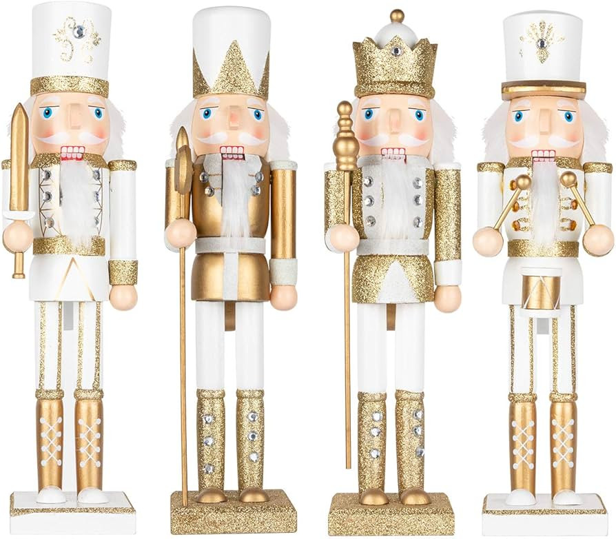 Amazon.com: KI Store White and Gold Christmas Nutcracker 15-Inch Set of 4 Wooden King and Soldier... | Amazon (US)