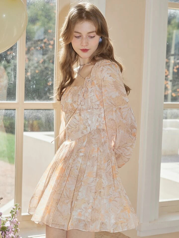 Floral Print Lantern Sleeve Ruffle Hem Dress | SHEIN