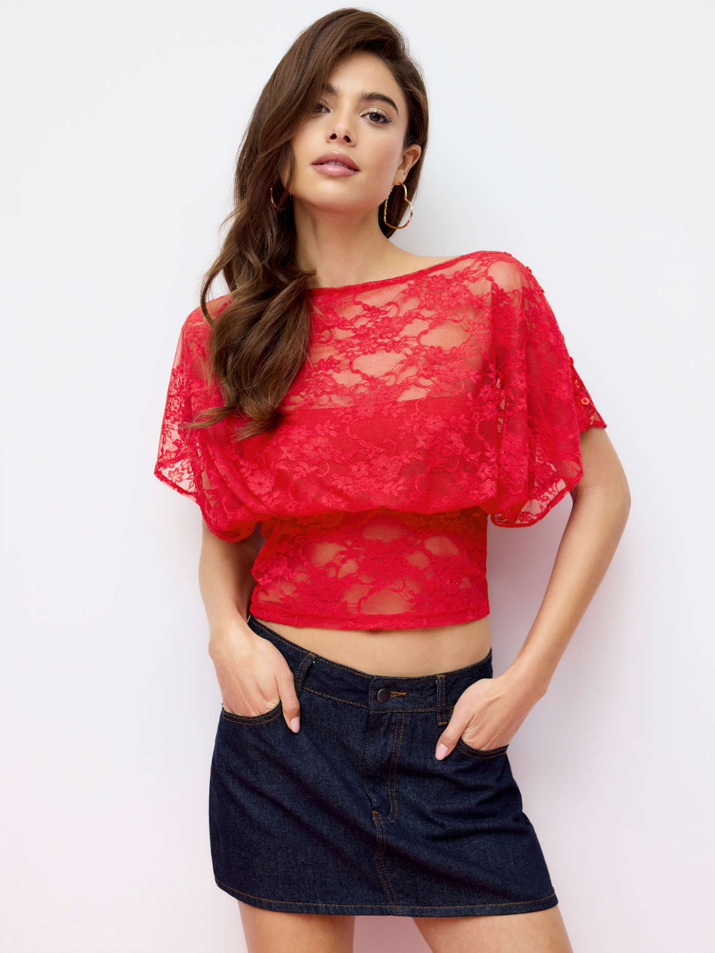 Red Lace Puff Sleeve V-Neck Cropped Blouse - Sheer Floral Lace Short Sleeve Top for Women... | Cider