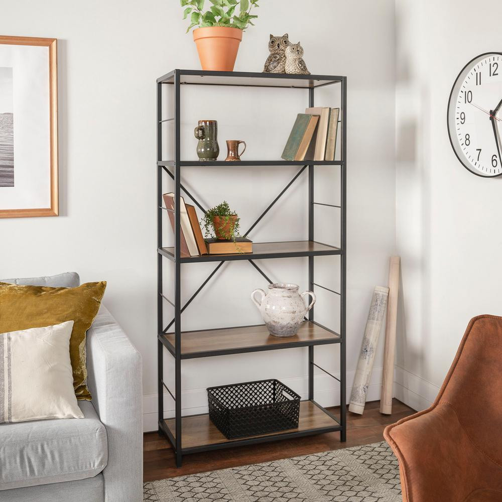 Walker Edison Furniture Company 63 in. Rustic Oak/Black Metal 4-shelf Etagere Bookcase with Open Bac | The Home Depot