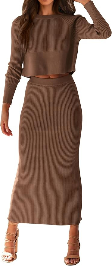 PRETTYGARDEN Women's Fall 2 Piece Sweater Set Rib Knit Long Sleeve Crop Top Maxi Bodycon Skirt Casua | Amazon (US)