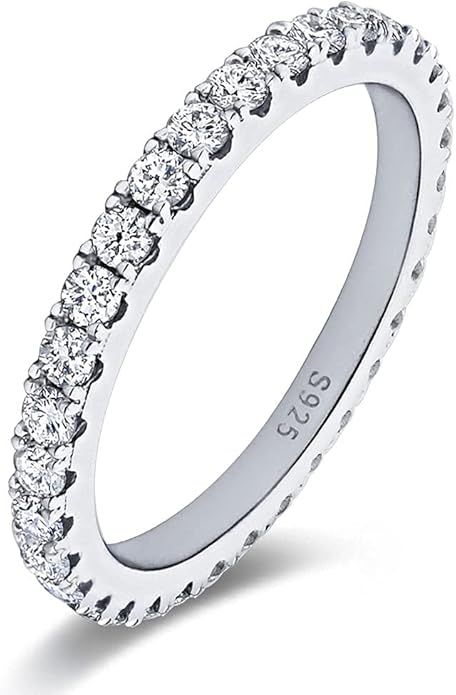 Bo.Dream 2.2mm Round Cubic Zirconia CZ Platinum Plated Sterling Silver Wedding Eternity Band Ring... | Amazon (US)