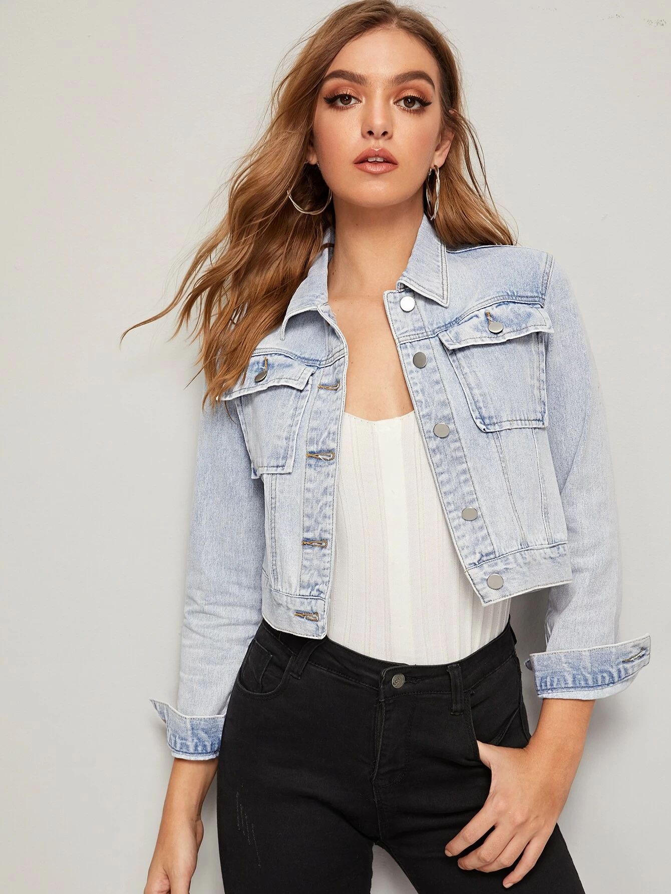 SHEIN Bleach Wash Flap Pocket Denim Jacket | SHEIN