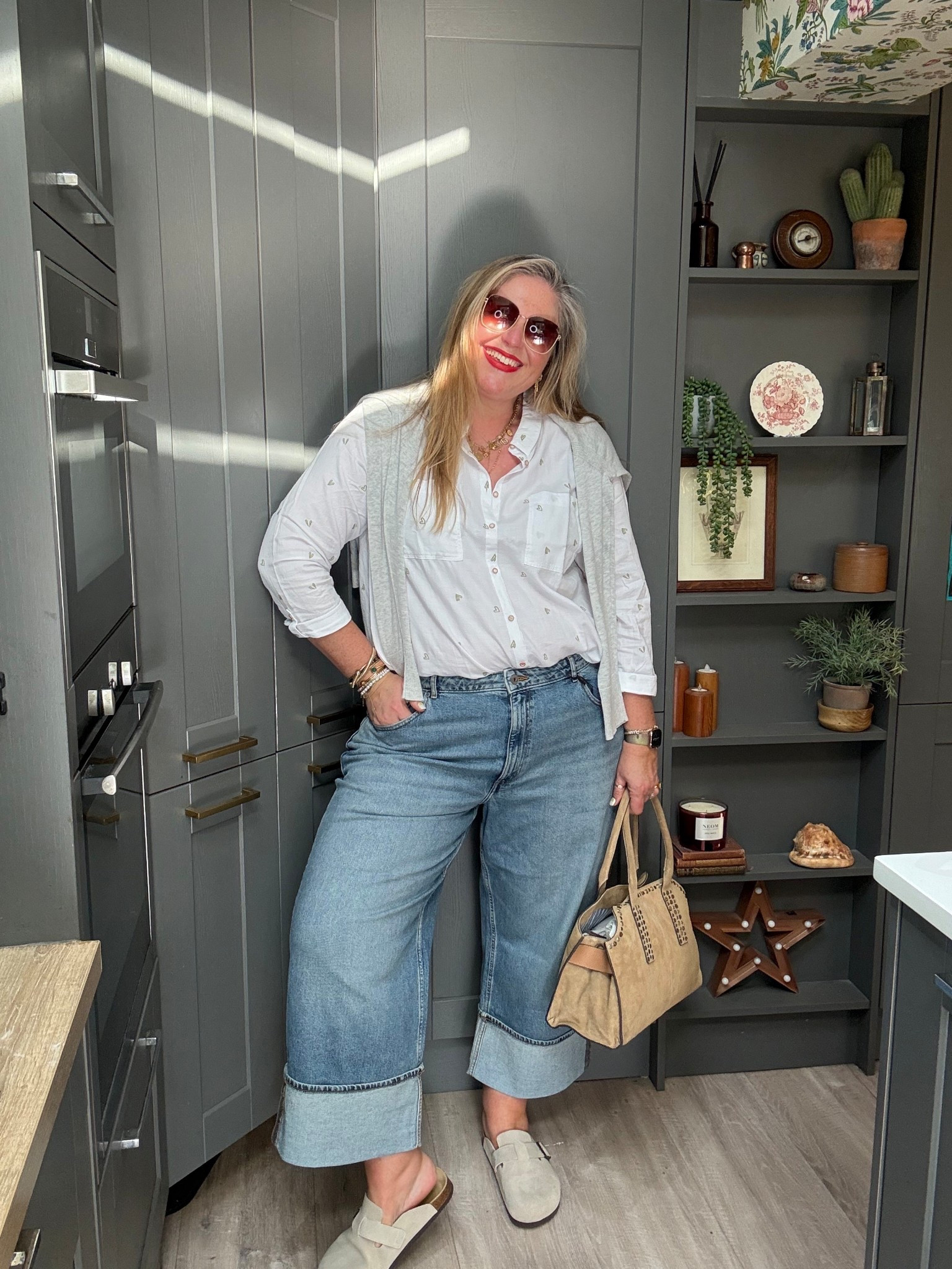 Spring inspo, turn up jeans, white shirt, grey cardigan, suede tote bag, sunglasses, mules 

#LTKplussize #LTKjeans #LTKspring