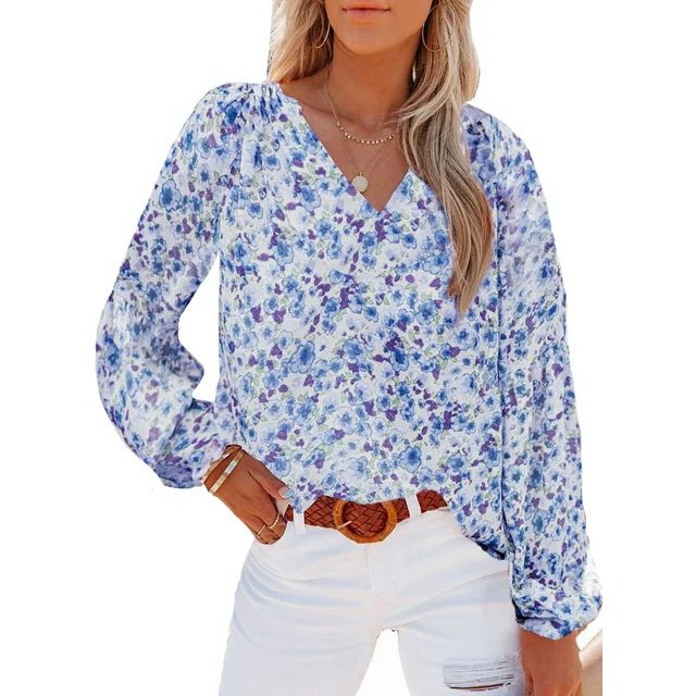 Astylish Boho Blouse for Women Blue Long Sleeve Ladies Spring Shirt V Neck Casual Loose Flowy Top... | Walmart (US)