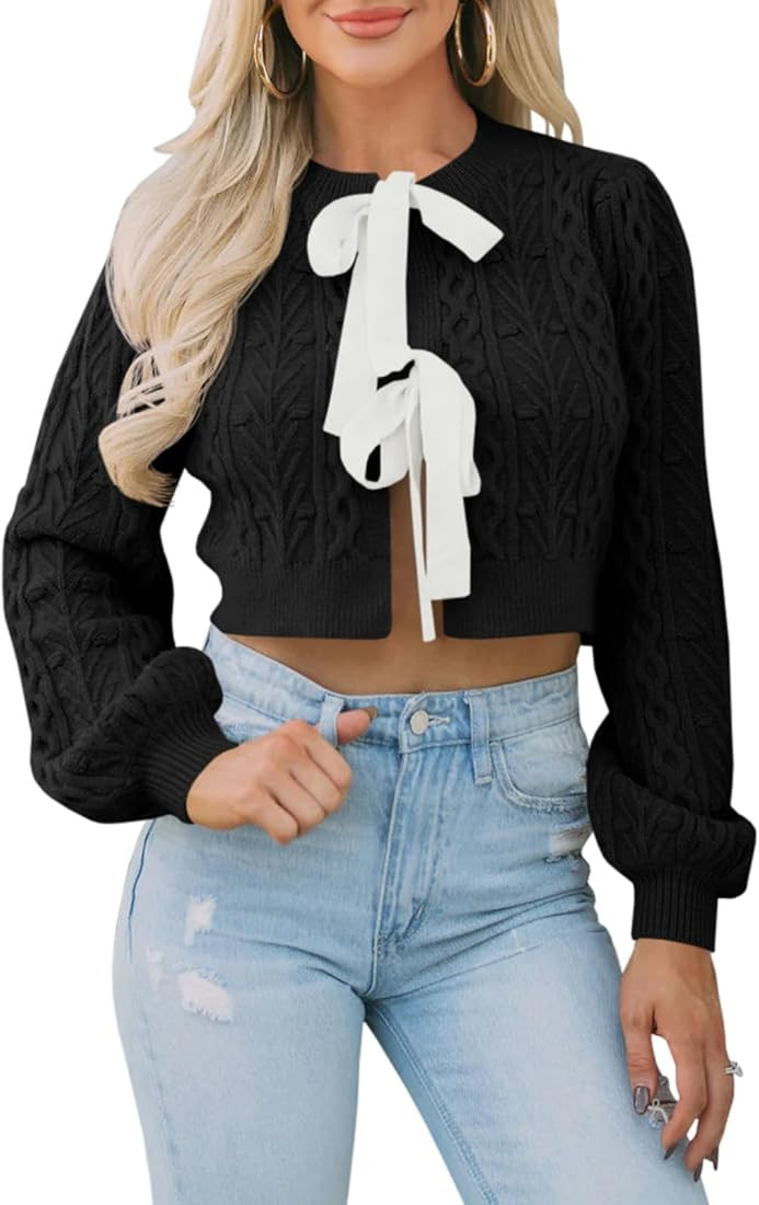 Saodimallsu Womens Cropped Cable Knit Cardigan Sweaters Long Sleeve Bow Tie Front Crew Neck Chunk... | Amazon (US)