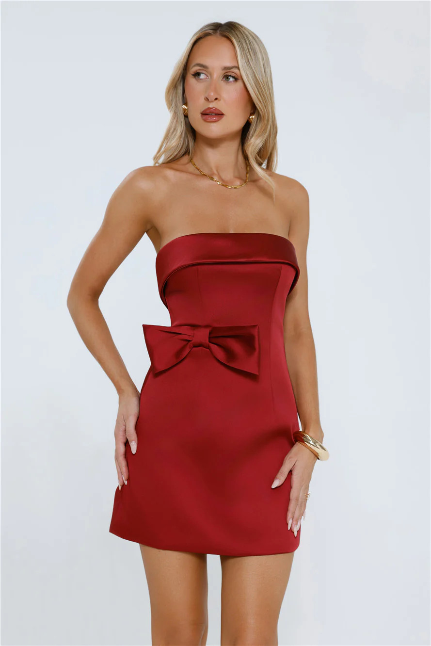 Golden Poise Strapless Satin Mini Dress Wine | Hello Molly (US)