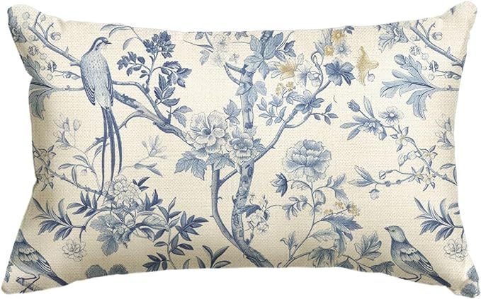 AVOIN colorlife Chinoiserie Trees and Birds Blue and White Throw Pillow Cover, 12 x 20 Inch Cushi... | Amazon (US)