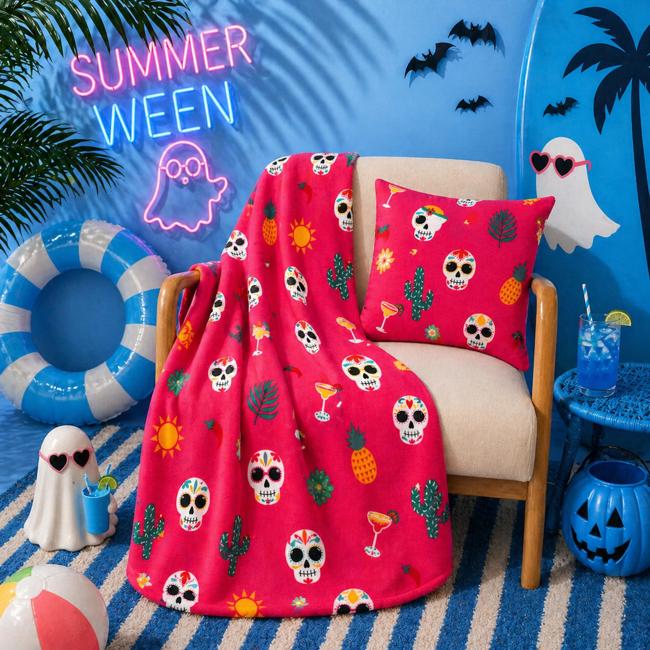 Summerween Plush Oversize Throw Blanket, Halloween Supper Soft Cozy Throw, Fiesta Skulls | Walmart (US)