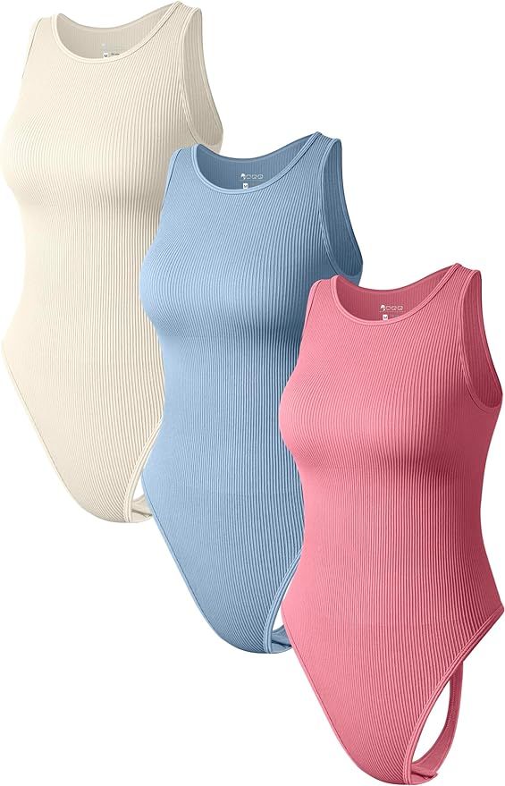 OQQ Women 3 Piece Bodysuits Sexy Ribbed Sleeveless Halter Neck Basic Thongs Bodysuits | Amazon (US)