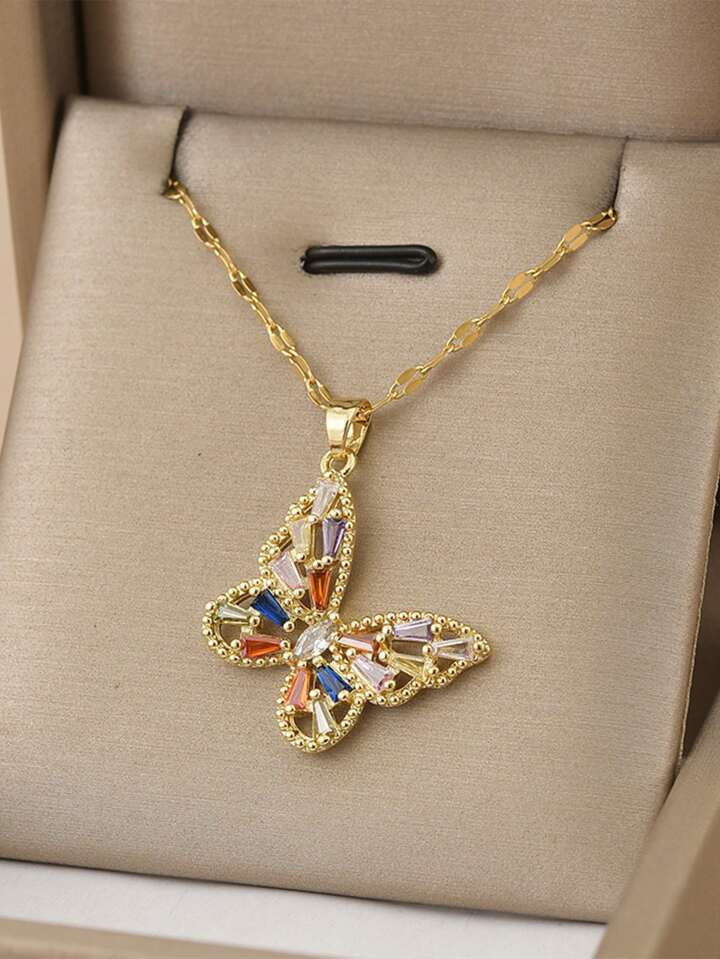 1pc Zirconia Butterfly Stainless Steel Necklace For Women, Luxury Gift (Asymmetrical Crystal Mix ... | SHEIN