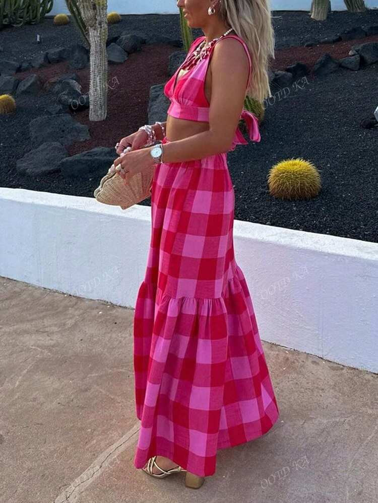 Women's Vacation Elegant Fashion Spring And Summer Multicolor Plaid Tie Sleeveless Short Top Long Colorful Plaid Half-Body Skirt Two Pieces Set | SHEIN