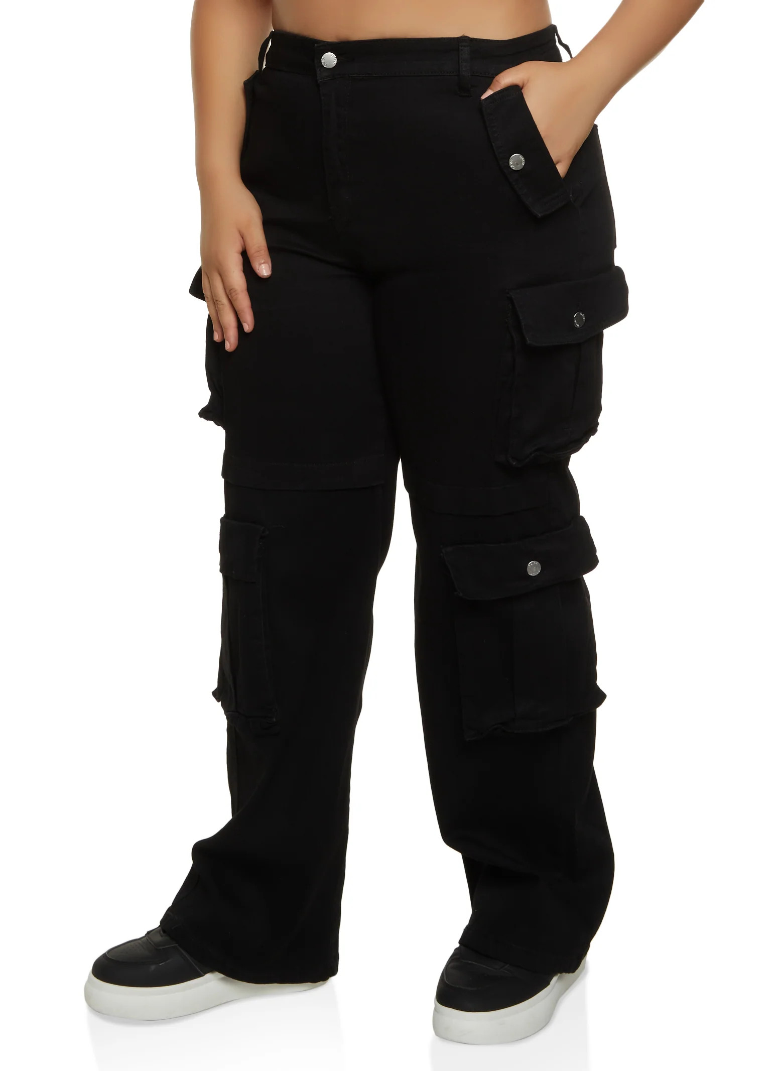 Plus Size High Waist Wide Leg Cargo Jeans  - Black | Rainbow Shops