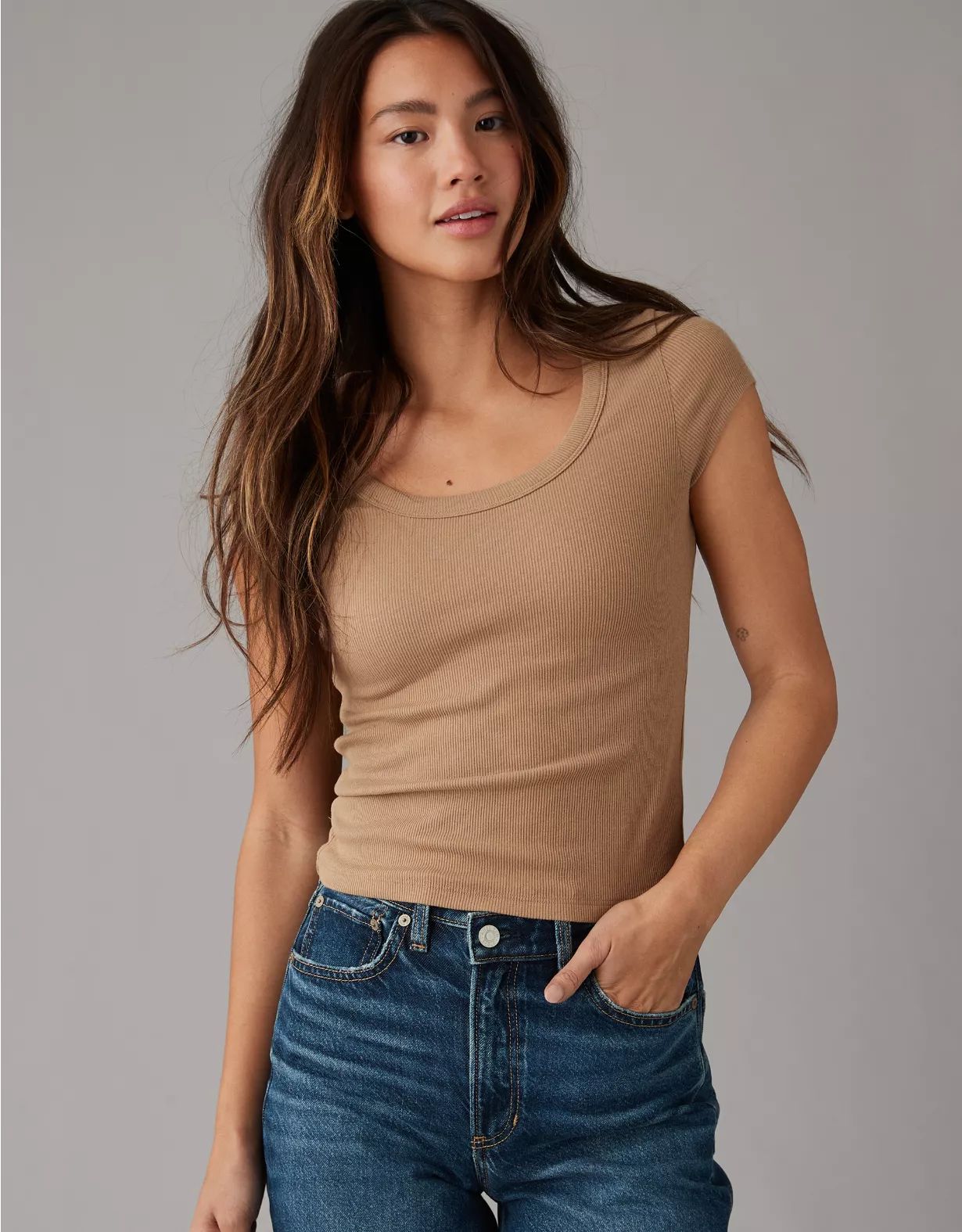 AE Hey Baby Short-Sleeve Scoop Ribbed Tee | American Eagle Outfitters (US & CA)