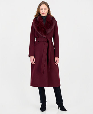 Women's Belted Faux-Fur Trimmed Wrap Coat | Macy's