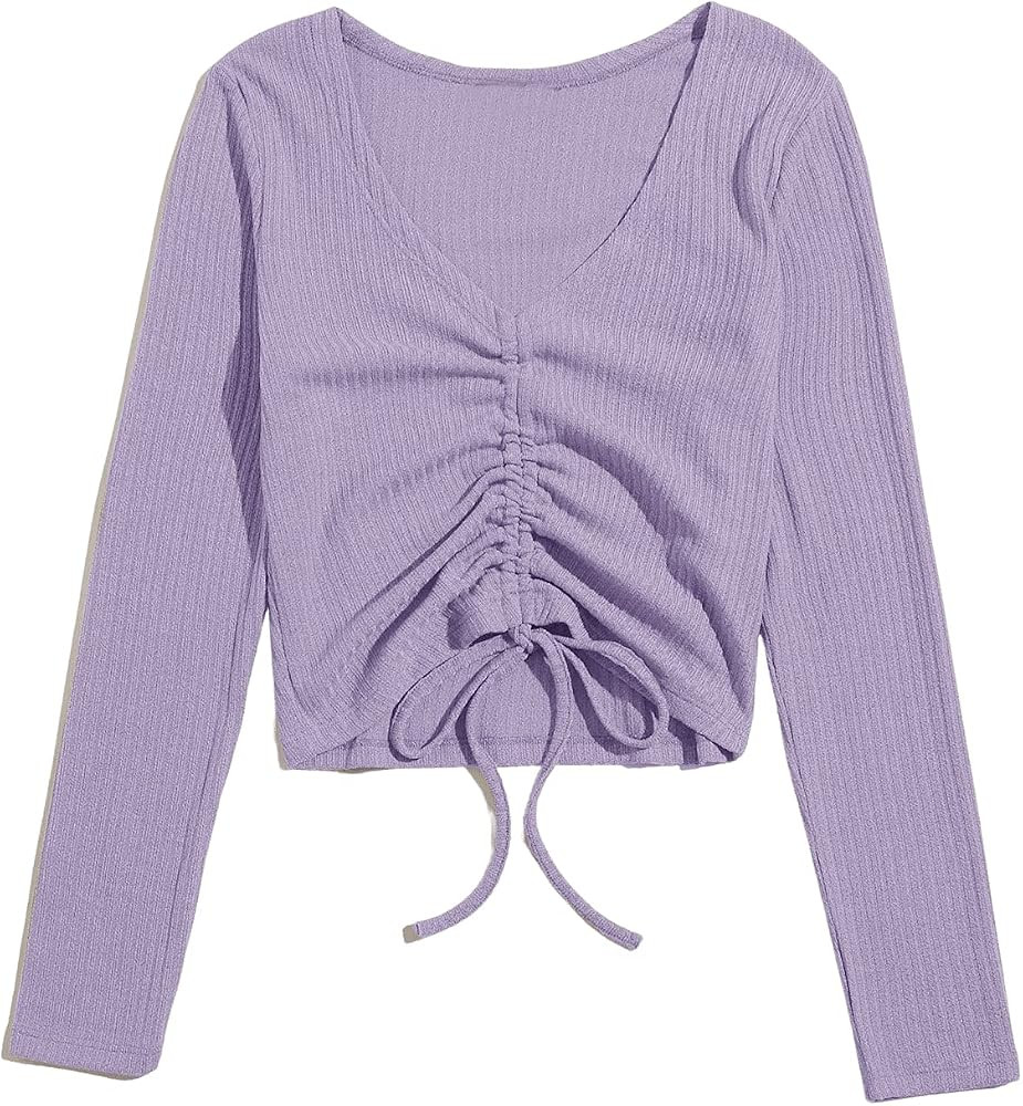 SweatyRocks Women's Long Sleeve V Neck Crop Top Drawstring Ruched Tee Shirt | Amazon (US)