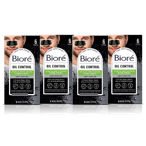 Bioré Men's Blackhead Remover Pore Strips, Charcoal Deep Cleansing Nose Strips for Blackhead Removal on Oily Skin, 6 Count (Pack of 4) | Amazon (US)
