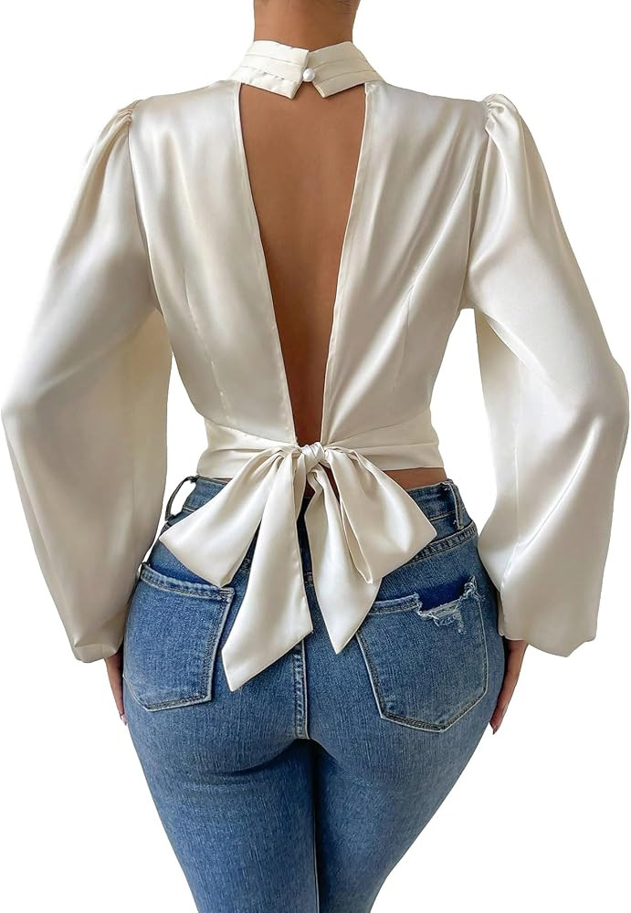 SweatyRocks Women's Elegant Tie Backless Mock Neck Long Lantern Sleeve Crop Blouse Shirt | Amazon (US)