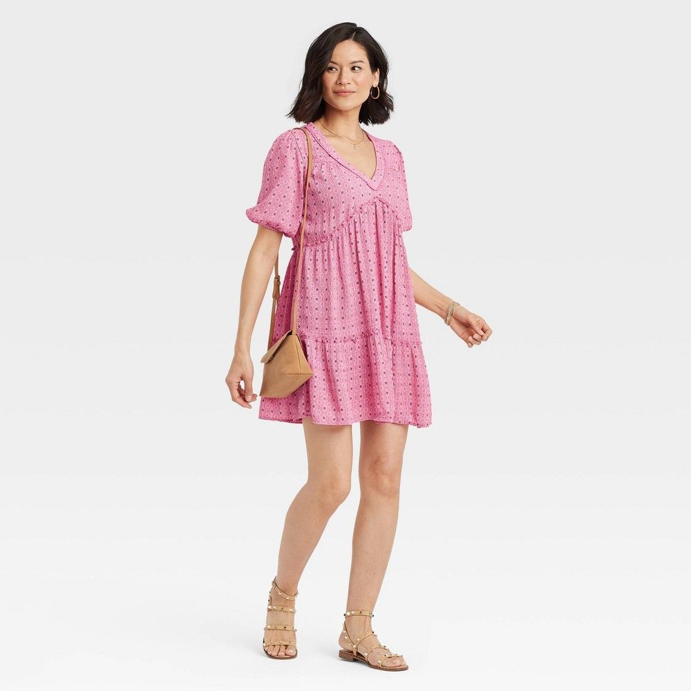 Women's Short Sleeve Tiered Dress - Knox Rose Pink Floral XXL | Target