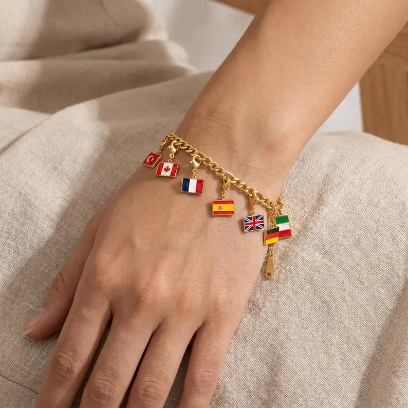 World Traveler Charm Bracelet | Country Flag Bracelet, Silver Travel Souvenir Jewelry, Gift for H... | Etsy (Global)