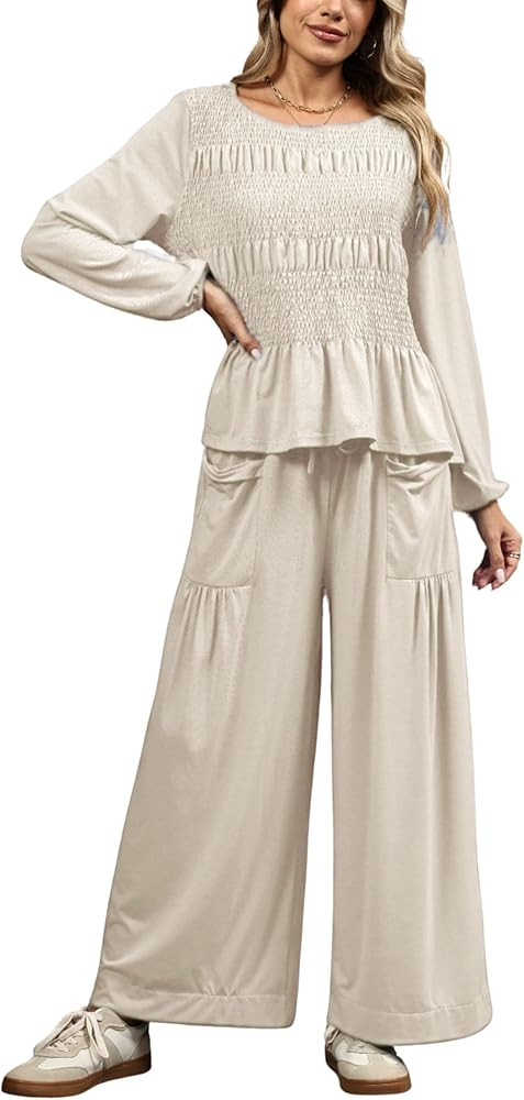 Womens 2-Piece Boho Long Sleeve Smocked Top & Wide Leg Pants Set Casual Lounge Outfit with Pocket... | Amazon (US)