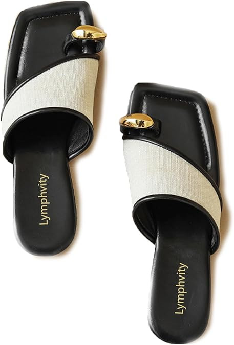 Lymphvity Women's Ring Toe Metal Flat Sandals Summer Slip-on Square Open Toe Non-Slip Beach Flats... | Amazon (US)