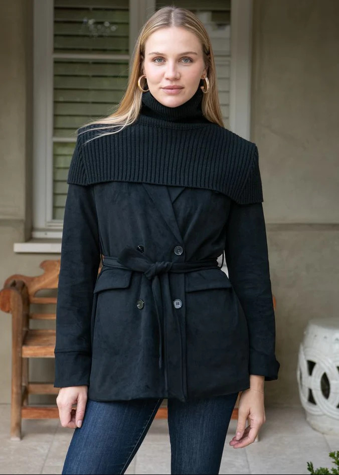 Blythe Belted Vegan Suede Trench Coat with Knit Overlay - Black | Benaar La