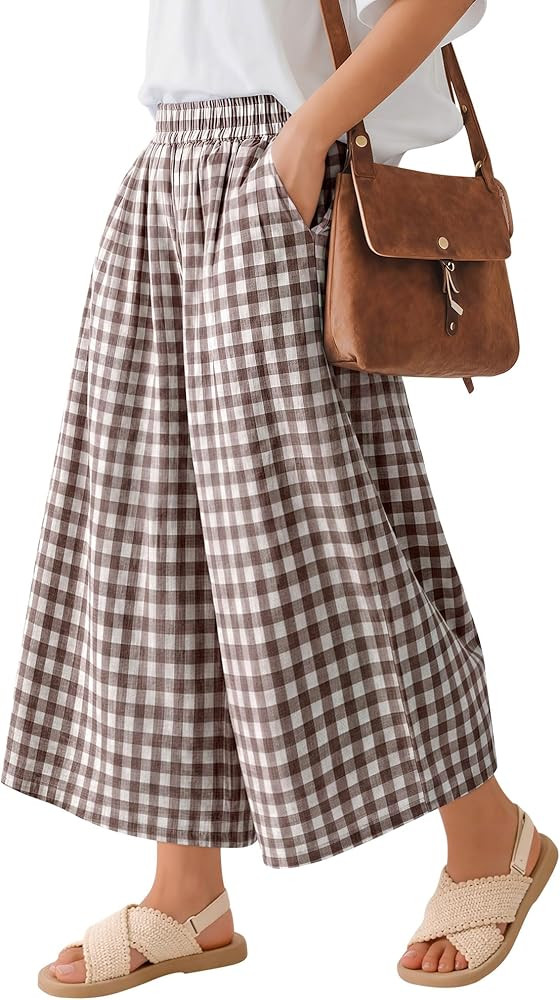 Girl's Wide Leg Pants Casual Plaid Flowy Culottes Elastic Waist Gingham Ankle Palazzo Pants with ... | Amazon (US)