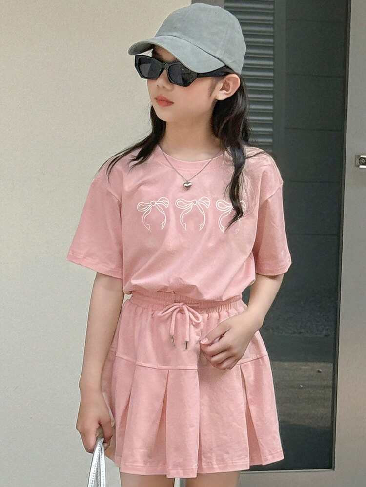 Tween Girl Bow Print Round Neck Short Sleeve T-Shirt And Drawstring Waist Mini Skirt Casual Set Summer | SHEIN