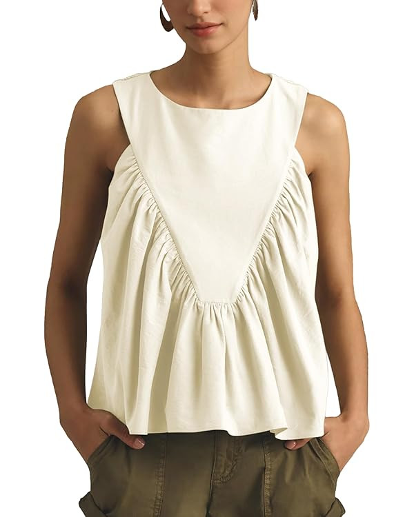 Hixiaohe Shirred Swing Tank Tops for Women Fashion Flowy Sleeveless Shirts Casual Crew Neck Blous... | Amazon (US)