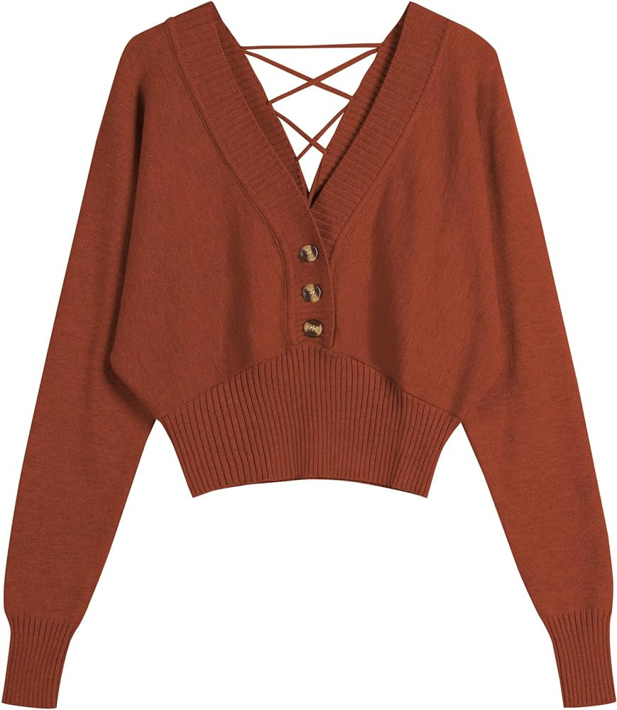 ZAFUL Women V Neck Button Knit Crop Sweaters Batwing Sleeve V Back Ribbed Hem Pullover Sweater | Amazon (US)