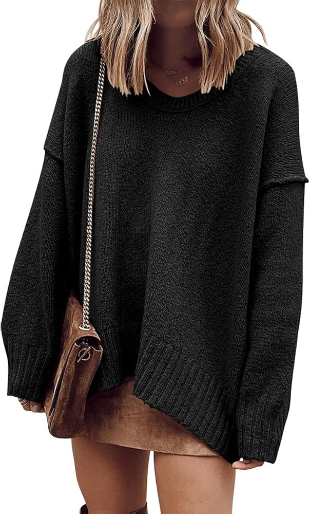 Prinbara Women's Oversized Long Sleeve V Neck Off The Shoulder Baggy Comfy Knit Pullover Sweaters | Amazon (US)