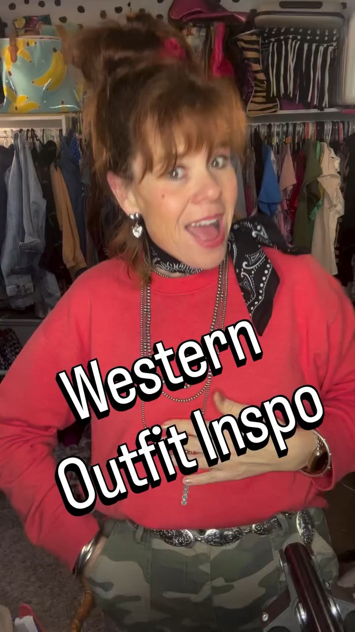 Outfit inspiration...but western.
Red sweatshirt, camouflage, cargo pants, black sneakers, black scarf, flower in my hair
#westernwear #over50style #camocargopants #fitspo #casualstyles