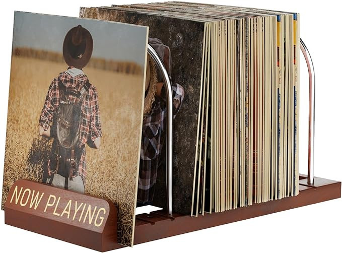 Now Playing Vinyl Record Stand, 50 LP Vinyl Record Storage with Non-slip Grooves, Wood Now Spinni... | Amazon (US)