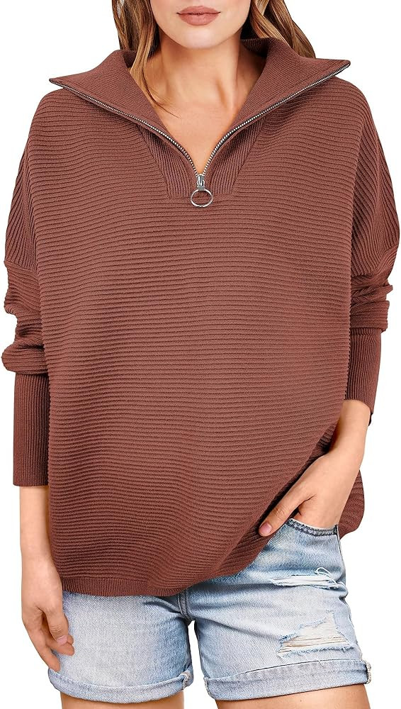 ANRABESS Women's Sweaters Quarter Zip Oversized Pullover Casual V Neck Collared Ribbed Knit Tunic... | Amazon (US)