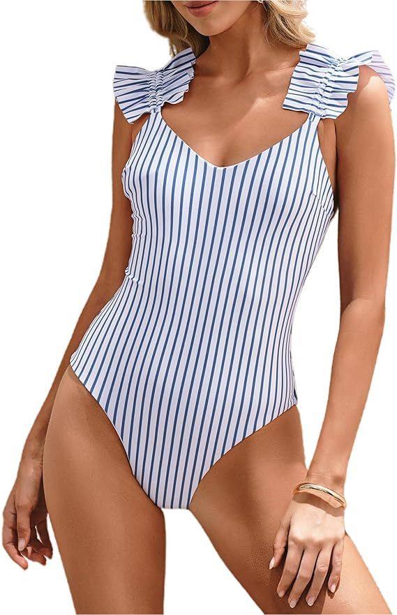 HYPERFIRE Women's Tummy Conrtol Swimsuit Modest Bathing Suit One Piece Ruffle Shoulder Swimwear | Amazon (US)