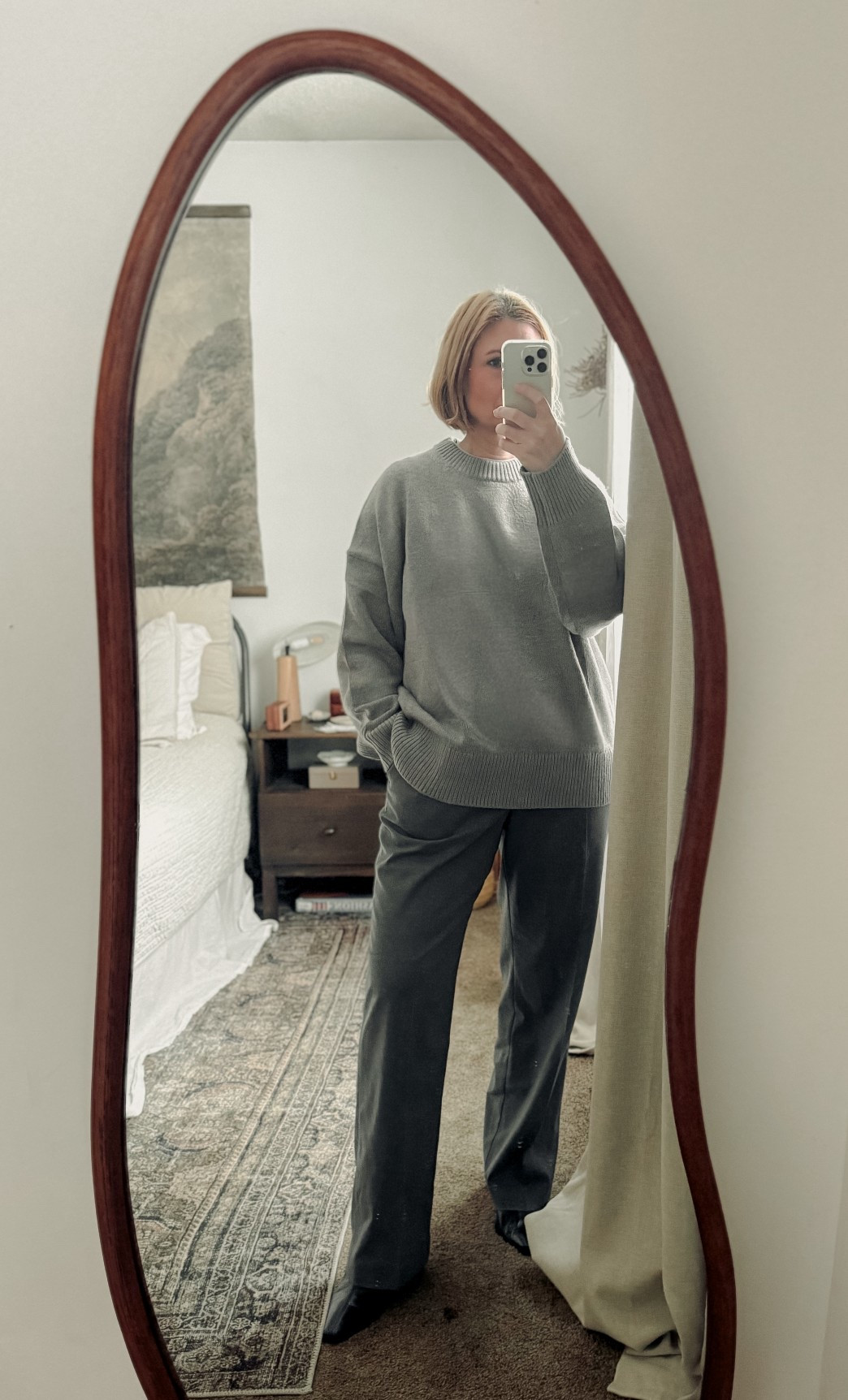 Minimal neutral outfit with an oversized gray sweater and tailored charcoal trousers. Simple chic everyday style for fall — comfortable but still polished.

#LTKmomlife #LTKootd